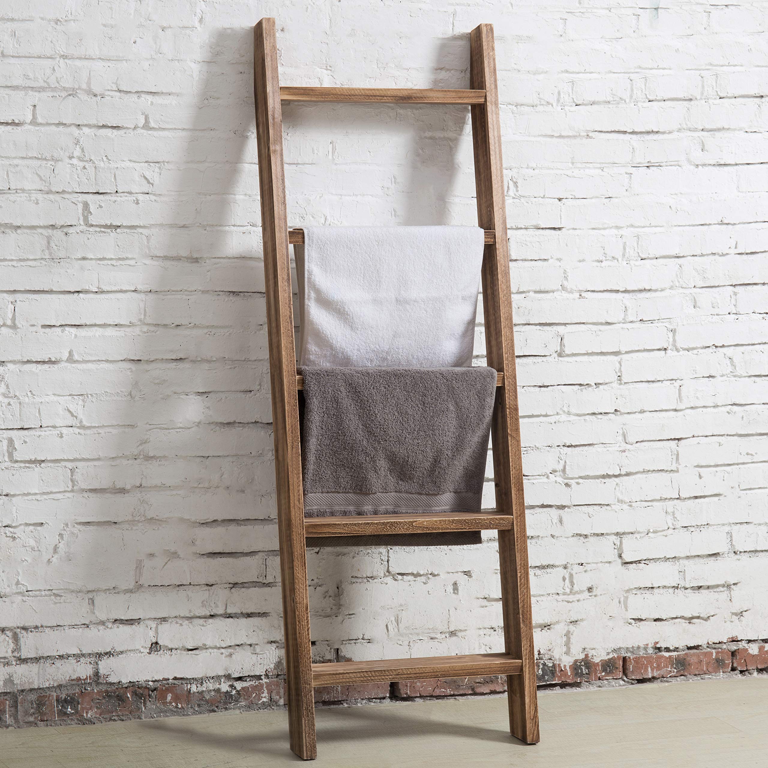 Mygift 4Ft Tall Rustic Burnt Natural Wood Wall Leaning Blanket Ladder Shelf With 5 Rungs, Decorative Living Room Throw And Quilt